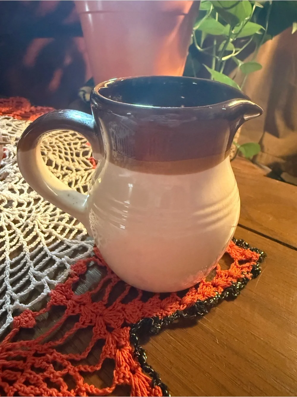 Vintage Brown & Cream Stoneware Pitcher Crazed Glaze Farmhouse Pottery